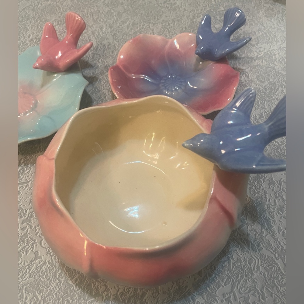 Small antique Royal Copley bird dishes with a bird bowl. - Picture 2 of 12